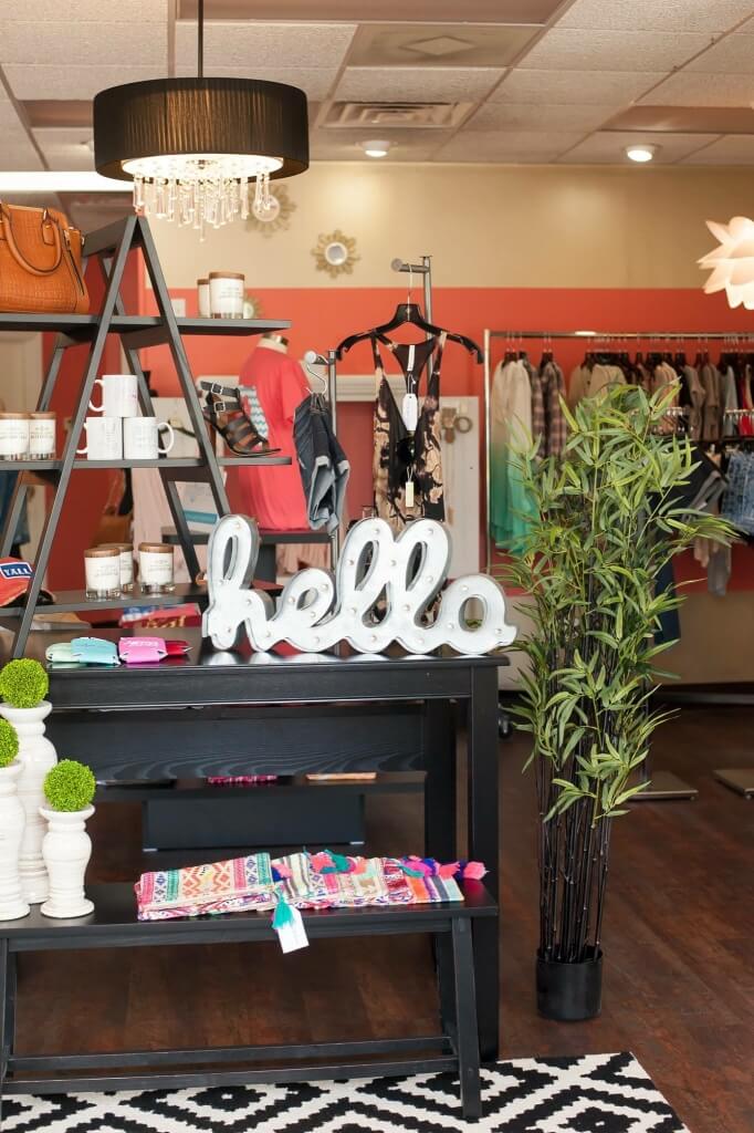 interior of a store with a sign that says hello