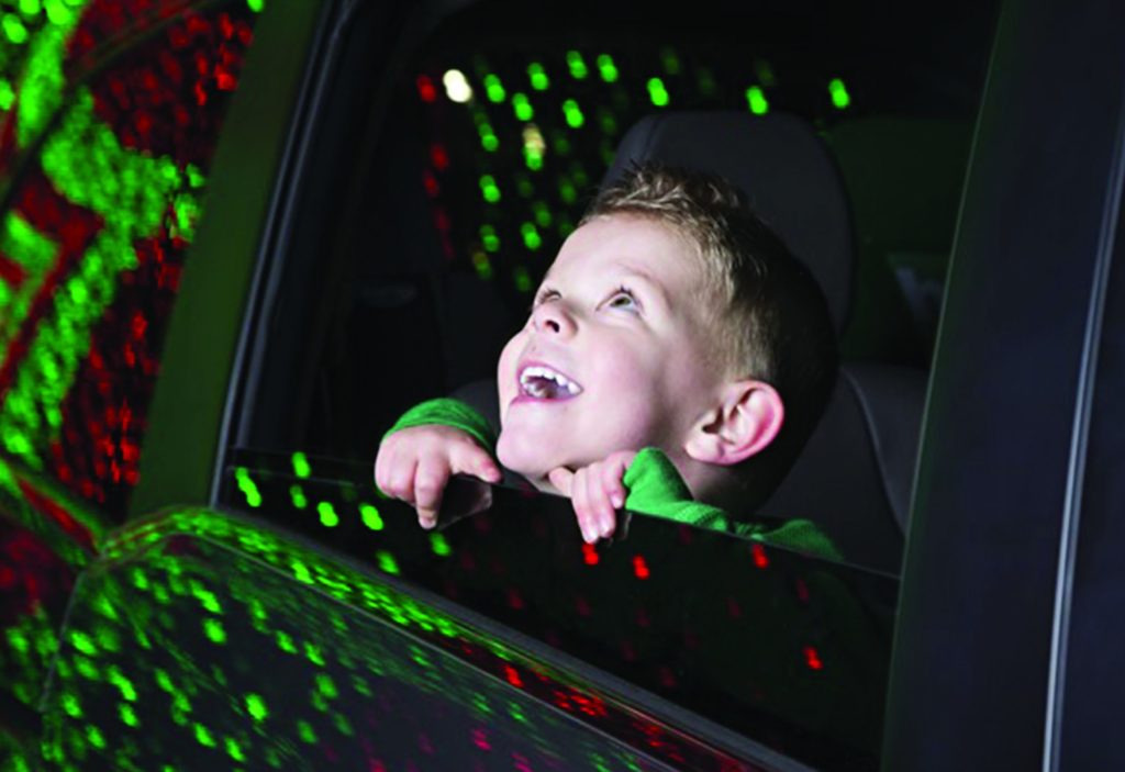 a child in a car looking at the Suwannee Lights display